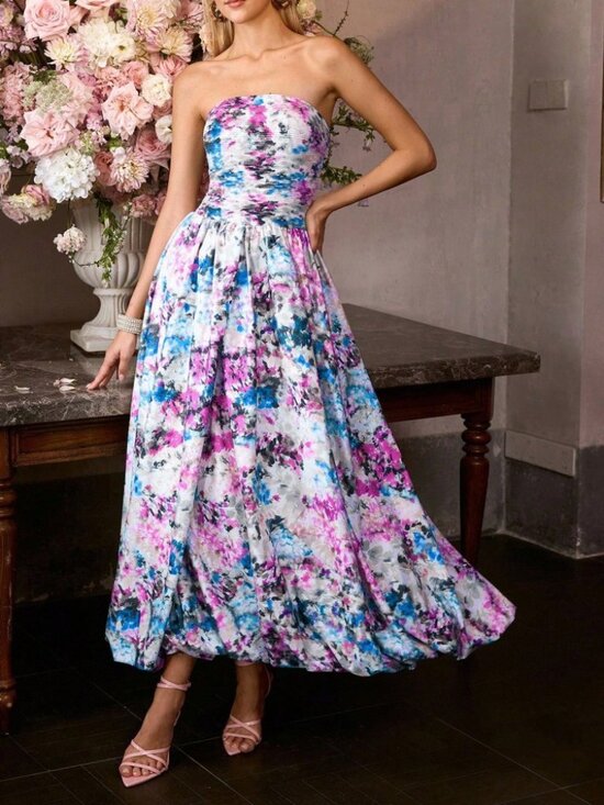 Dresses & Skirts - Blue Floral Print Strapless Maxi Dress with Pleated Bodice